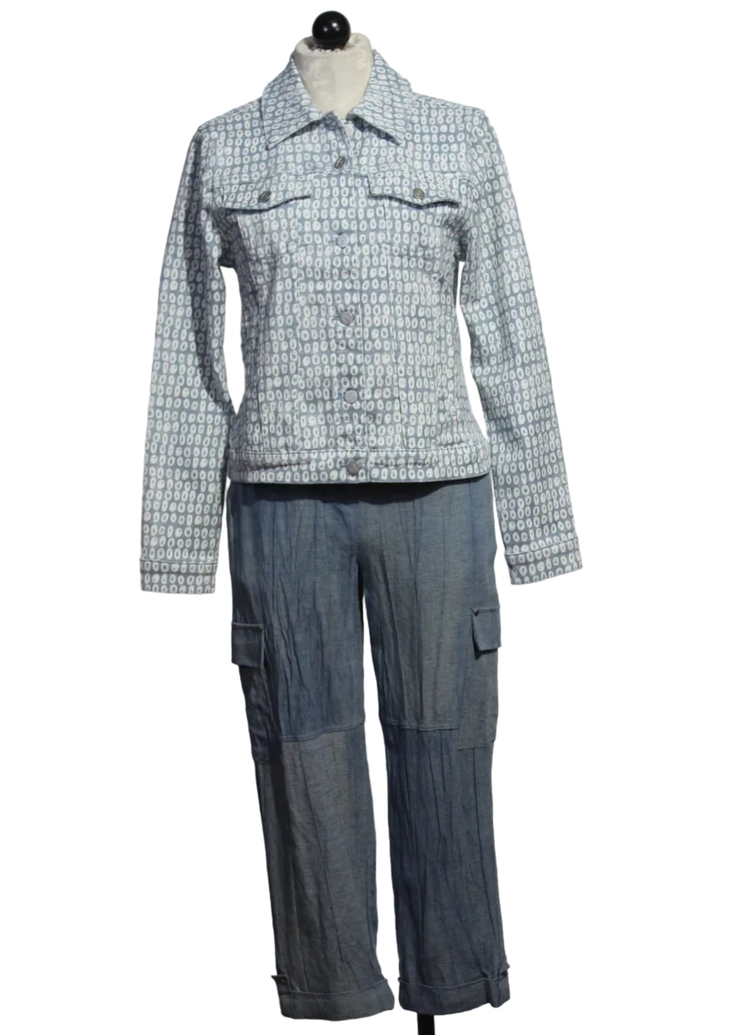 Light Blue with White Circle Print Jean Jacket by Alison Sheri paired with the Indigo Cuff Bottom Denim Wash Pant by Alison Sheri 