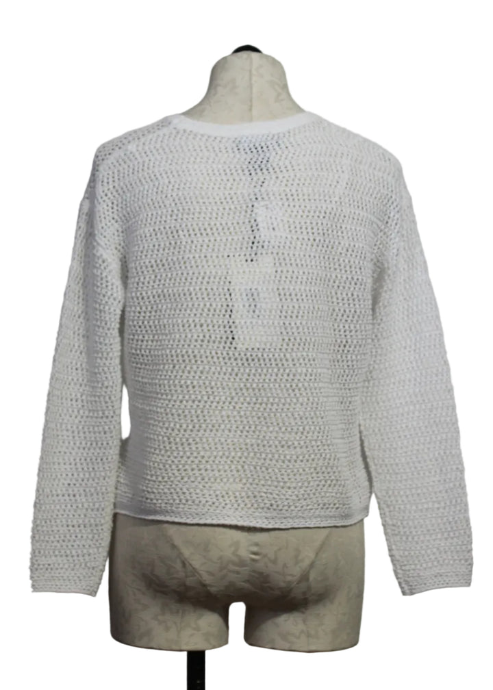 back view of White Long Sleeve Open Weave Sweater by Alison Sheri