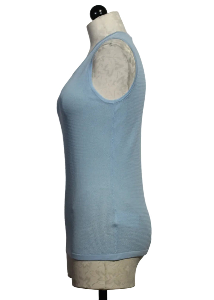 Side view of Blue Sleeveless Knit Top by Alison Sheri