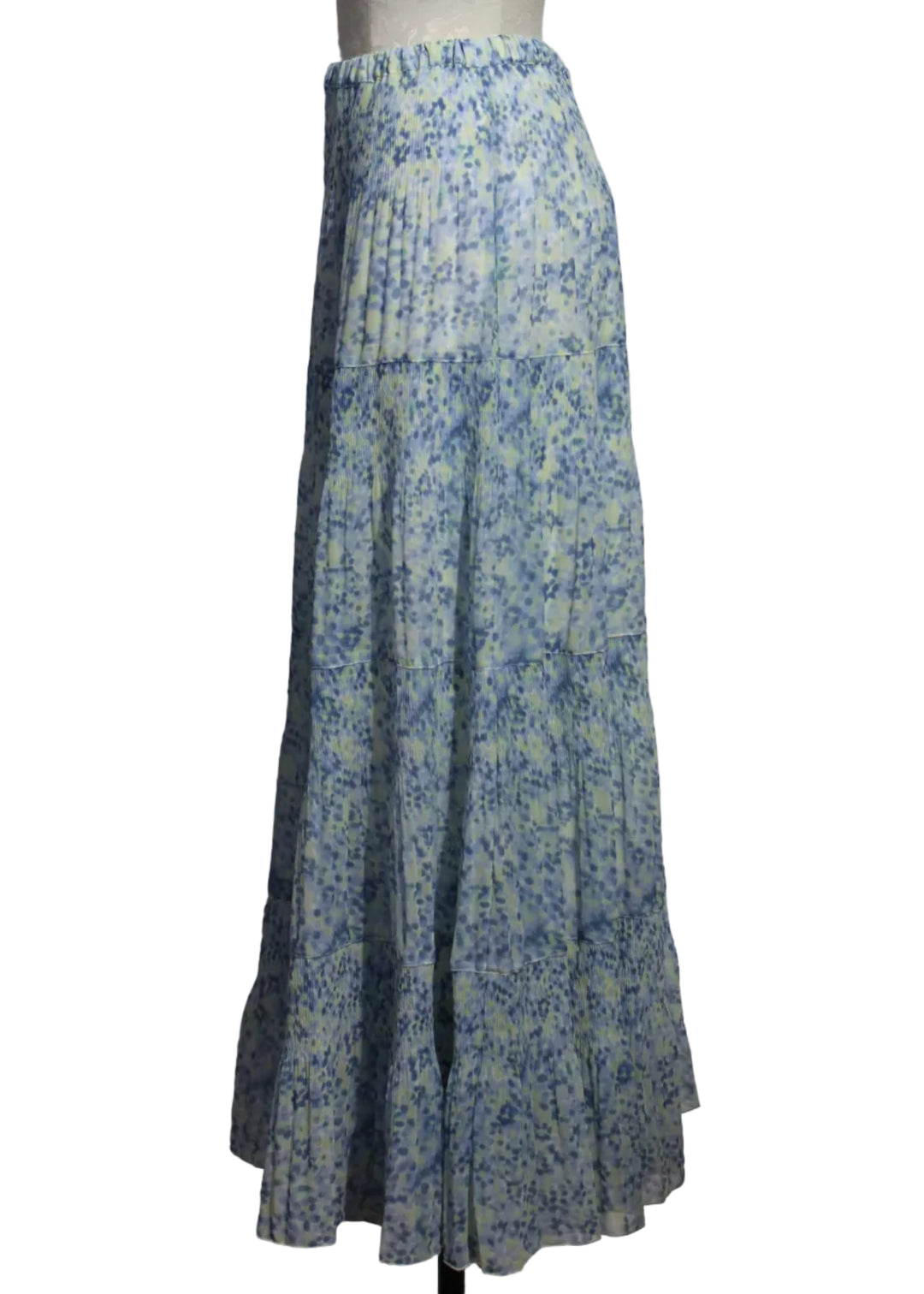 side view of Light Blue Multi Tiered Maxi Pastel Polka Dot Print Skirt by Alison Sheri