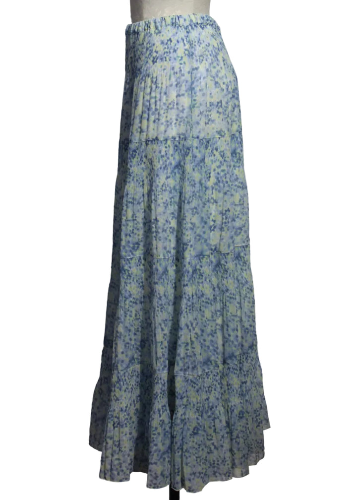 side view of Light Blue Multi Tiered Maxi Pastel Polka Dot Print Skirt by Alison Sheri