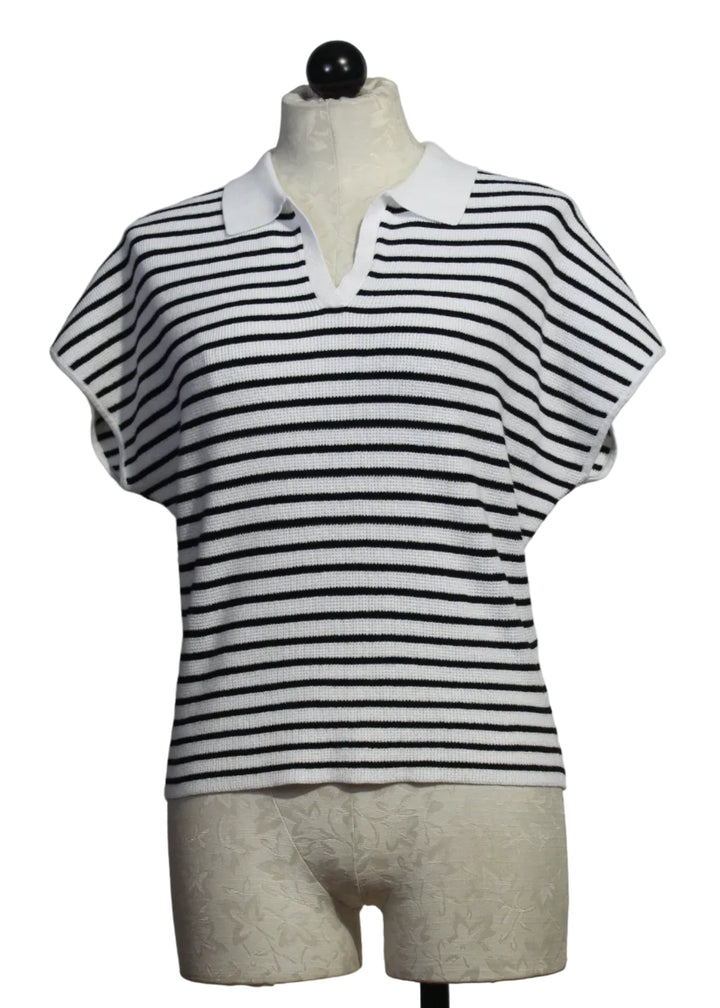 Black and White Collared Striped Cap Sleeve Knit Pullover Top by Alison Sheri