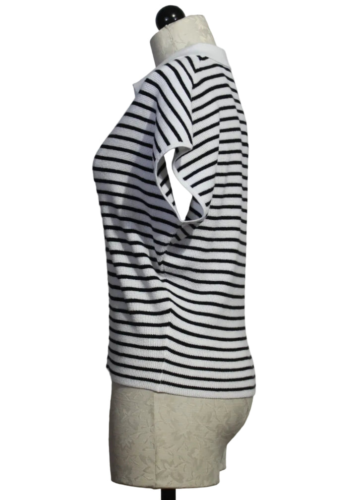 side view of Black and White Collared Striped Cap Sleeve Knit Pullover Top by Alison Sheri