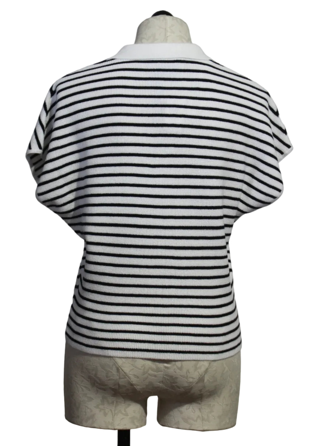 back view of Black and White Collared Striped Cap Sleeve Knit Pullover Top by Alison Sheri