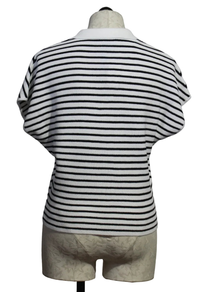 back view of Black and White Collared Striped Cap Sleeve Knit Pullover Top by Alison Sheri