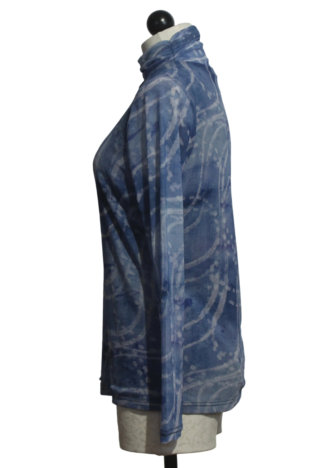 side view of Mesh Blue Swirl Print Turtleneck by Alison Sheri 