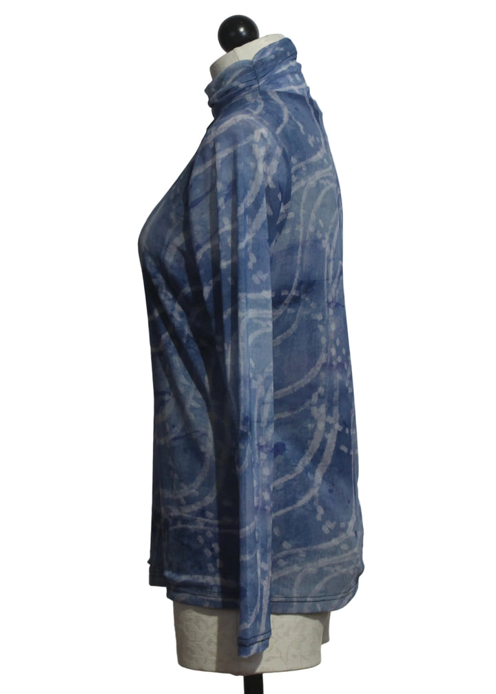 side view of Mesh Blue Swirl Print Turtleneck by Alison Sheri 