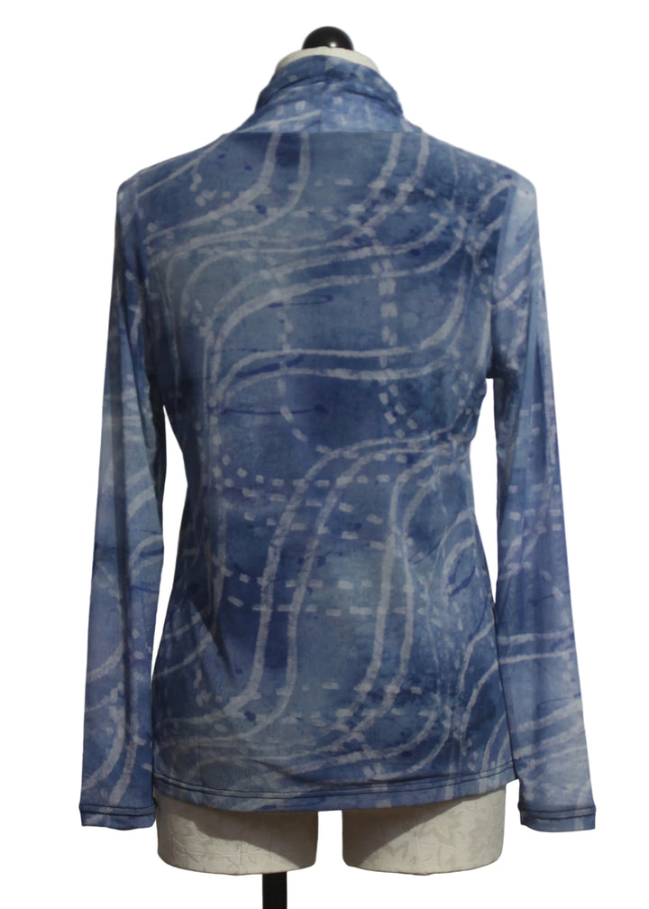 back view of Mesh Blue Swirl Print Turtleneck by Alison Sheri 