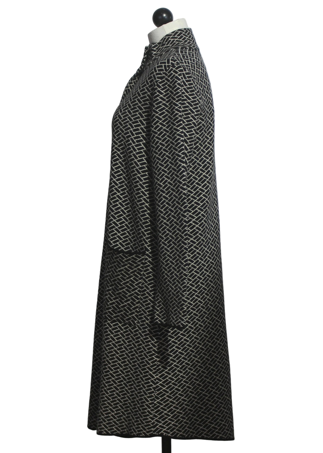 side view of Black and Ivory Chevron Mosaic Print Sweater Coat by Alison Sheri 