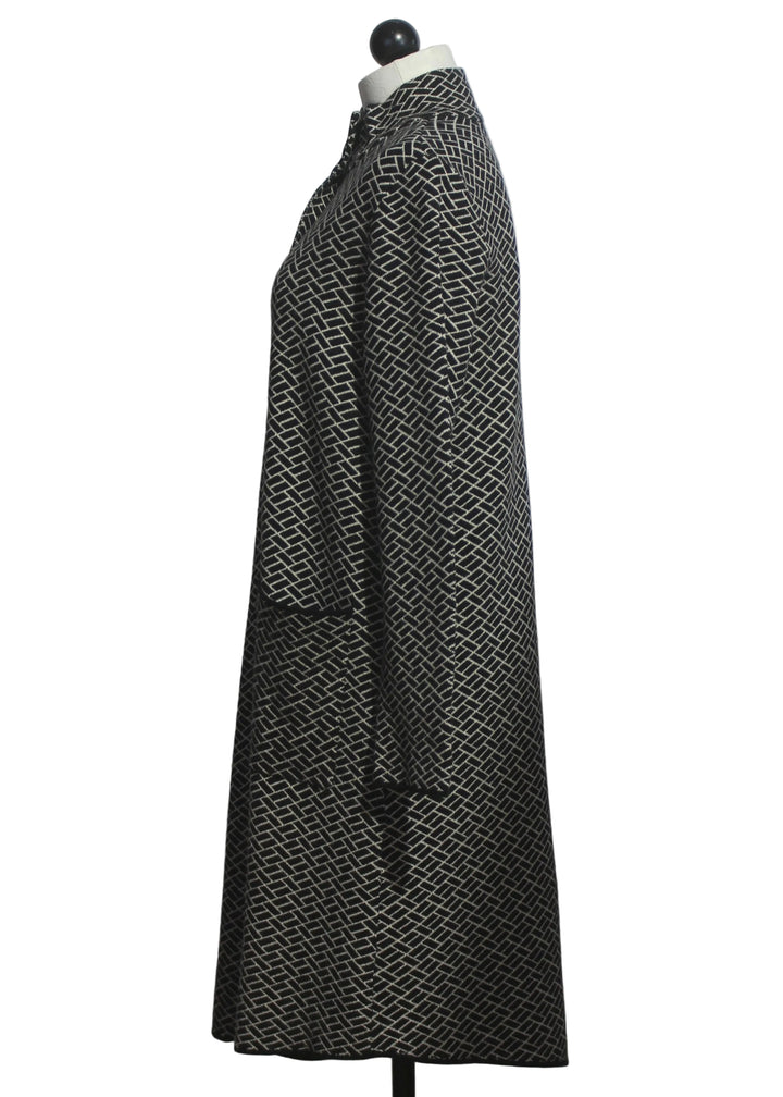 side view of Black and Ivory Chevron Mosaic Print Sweater Coat by Alison Sheri 