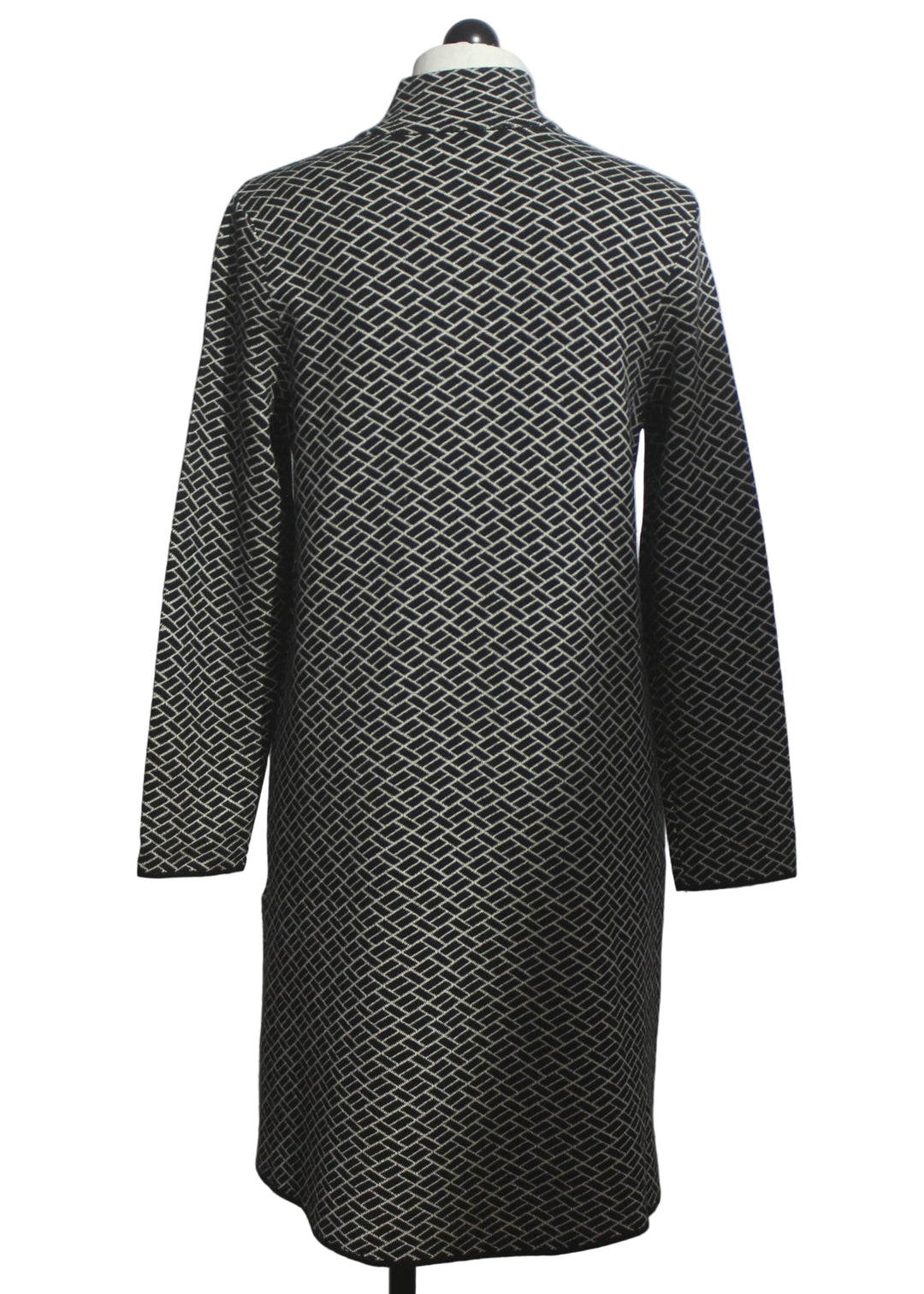 back view of Black and Ivory Chevron Mosaic Print Sweater Coat by Alison Sheri 