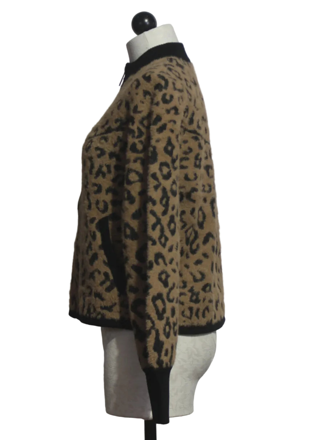 side view of Brown/Black Zip Front Leopard Print Jacket by Alison Sheri 