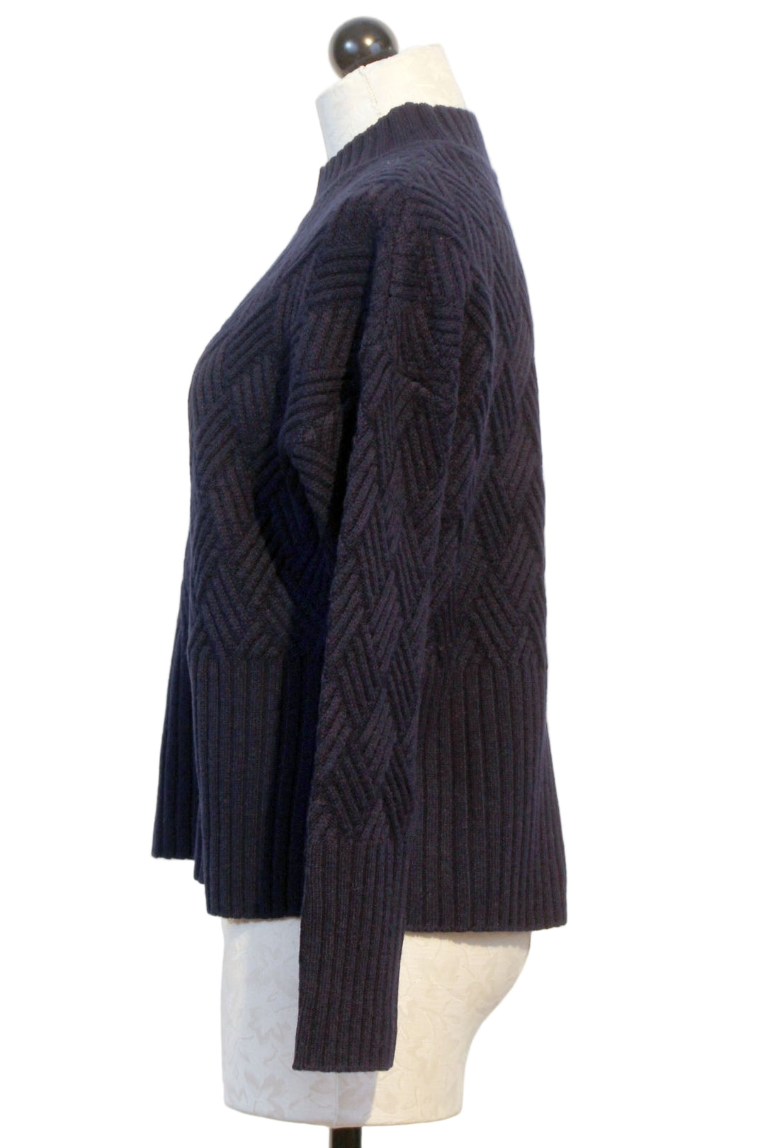 side view of the Patriot Blue Arabella Basketweave Stand Neck Sweater by Alashan Cashmere