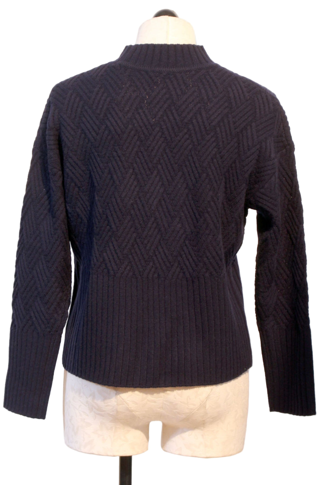 Back view of Patriot Blue Arabella Basketweave Stand Neck Sweater by Alashan Cashmere