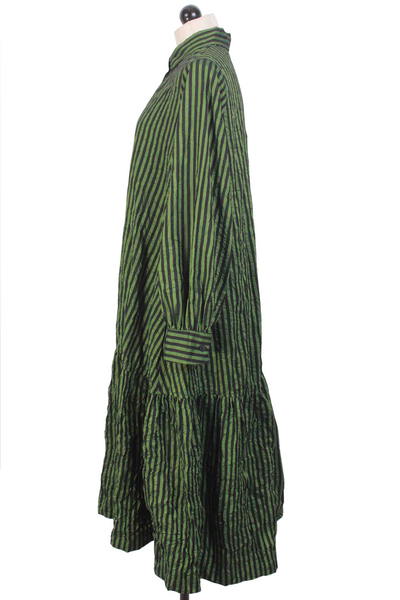 side view of Green and Black Striped Drop Waist Skirt Dress by Alembika