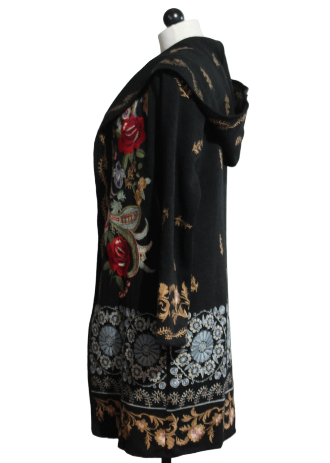 side view of Black multi Embroidered Hooded Cardigan by Adore