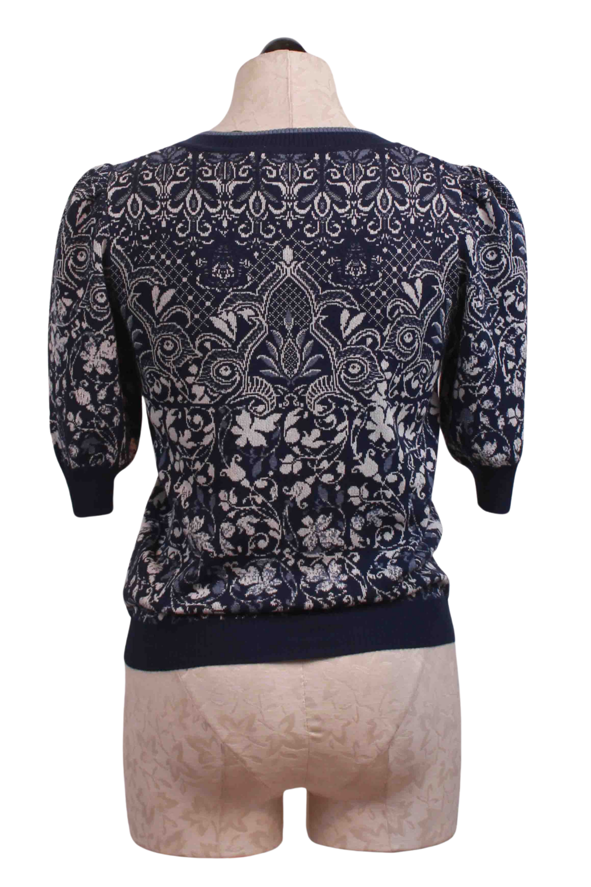 back view of Marine Short Sleeve Alhambra Pattern Jacquard Pullover by Ivko