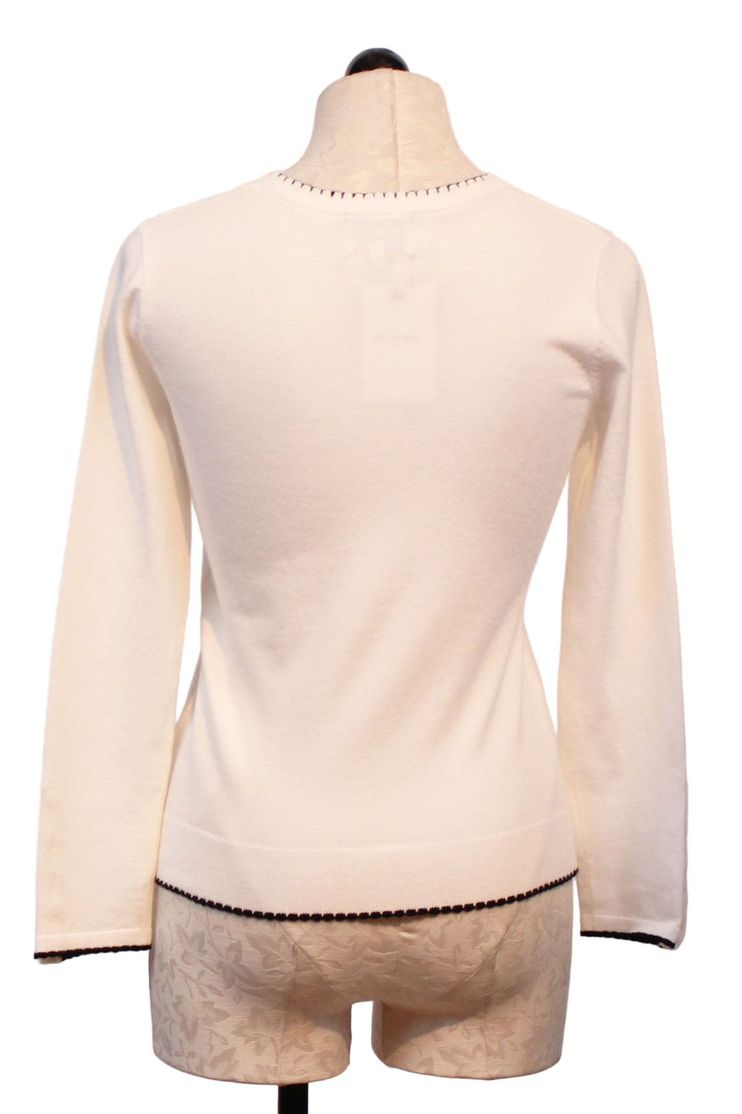 back view of Off White Sweater with Black outlined Embroidered Bow and whipstitched edges by Leo &amp; Ugo