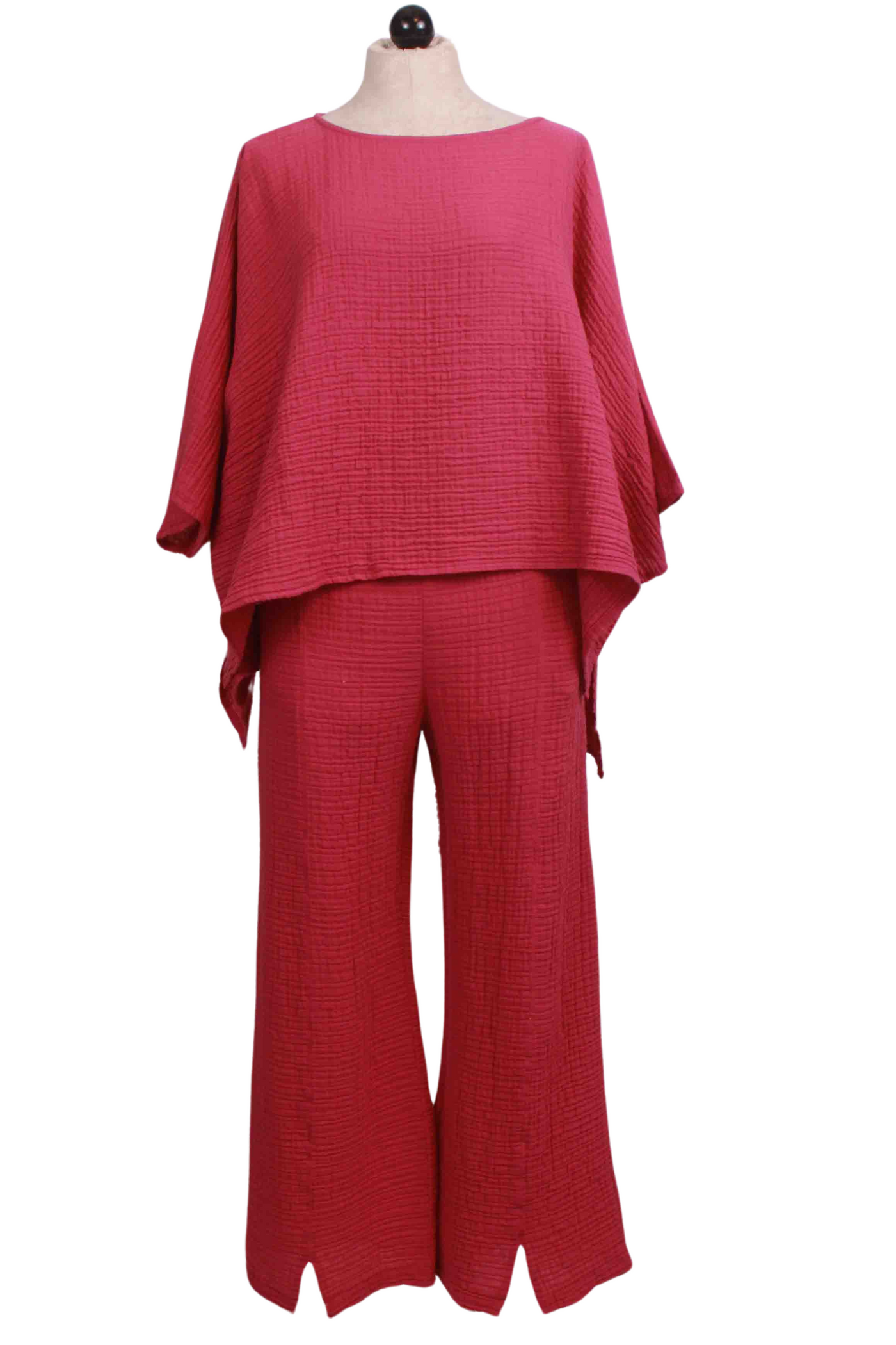 Oversized, Boxy Raspberry Alina Gauzy Cotton Top by Kozan paired with the matching split bottom pants by Kozan