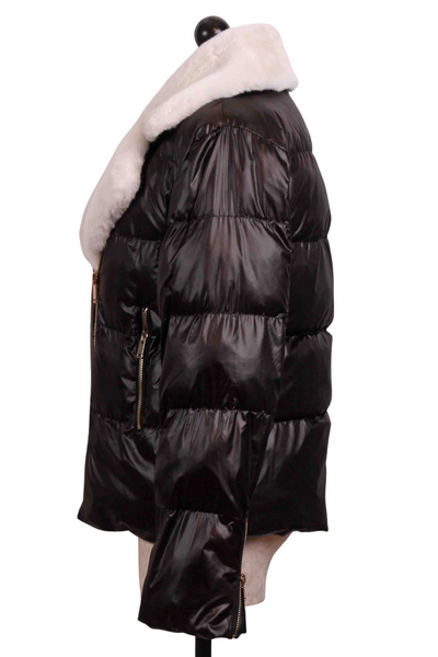 side view of black/white Avila Faux Fur Combo Puffer Jacket by Generation Love