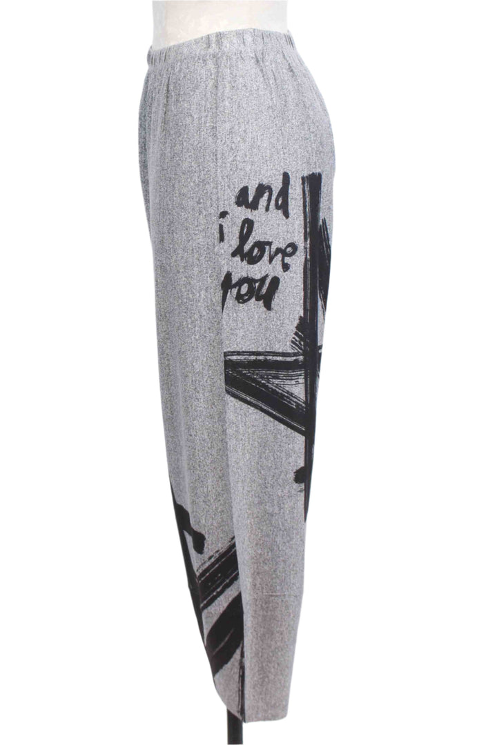 side view of Light Grey "I Love You" Print Pants by Inoah