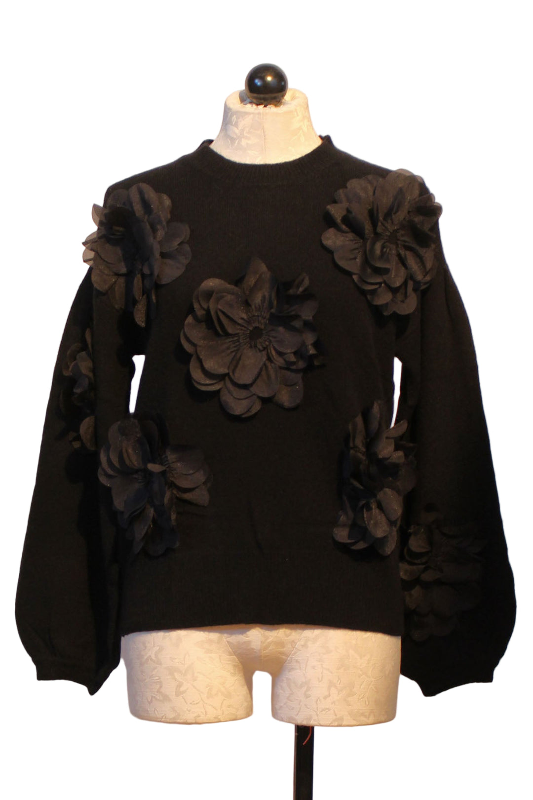 Black Round Neck 3D Applique Sweater by Jessie Liu