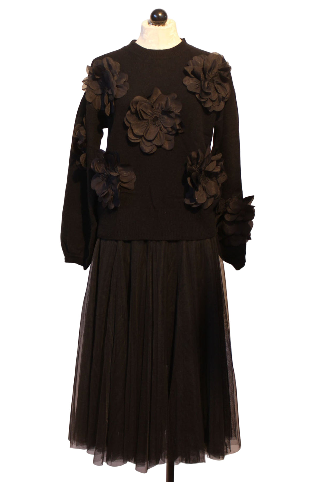 Black Liliana Tulle Skirt by Jessie Liu paired with the Black Flower Textured Sweater by Jessie Lui