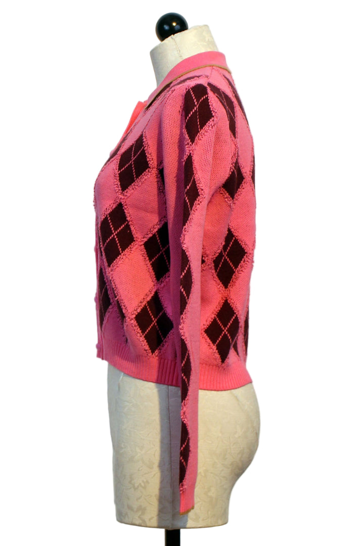 side view of Neon Pink Diamond Dip Cardigan by Lisa Todd