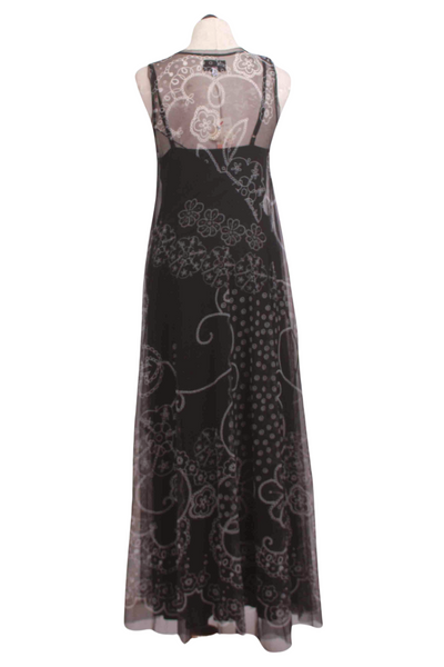 back view of Black multi Long Sleeveless Swing Lace Mesh Dress by Johnny Was with slip