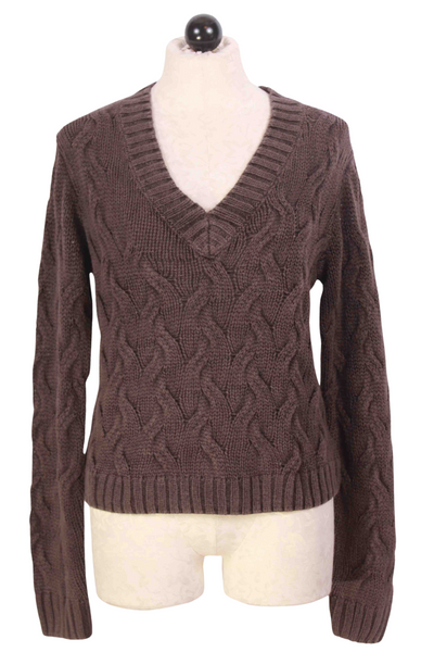 Coffee Mineral Wash V Neck Cable Sweater by Bella Dahl