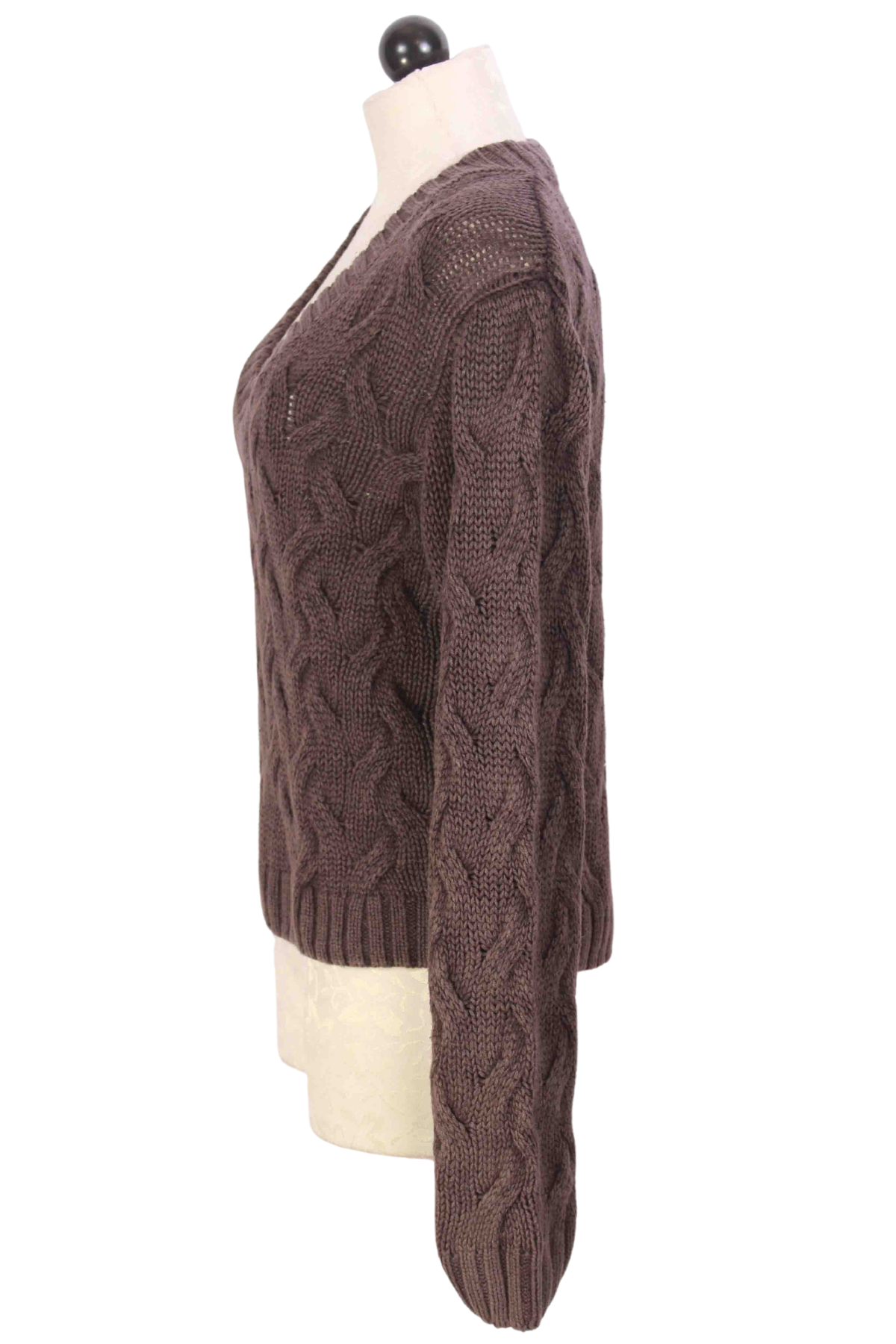 side view of Coffee Mineral Wash V Neck Cable Sweater by Bella Dahl
