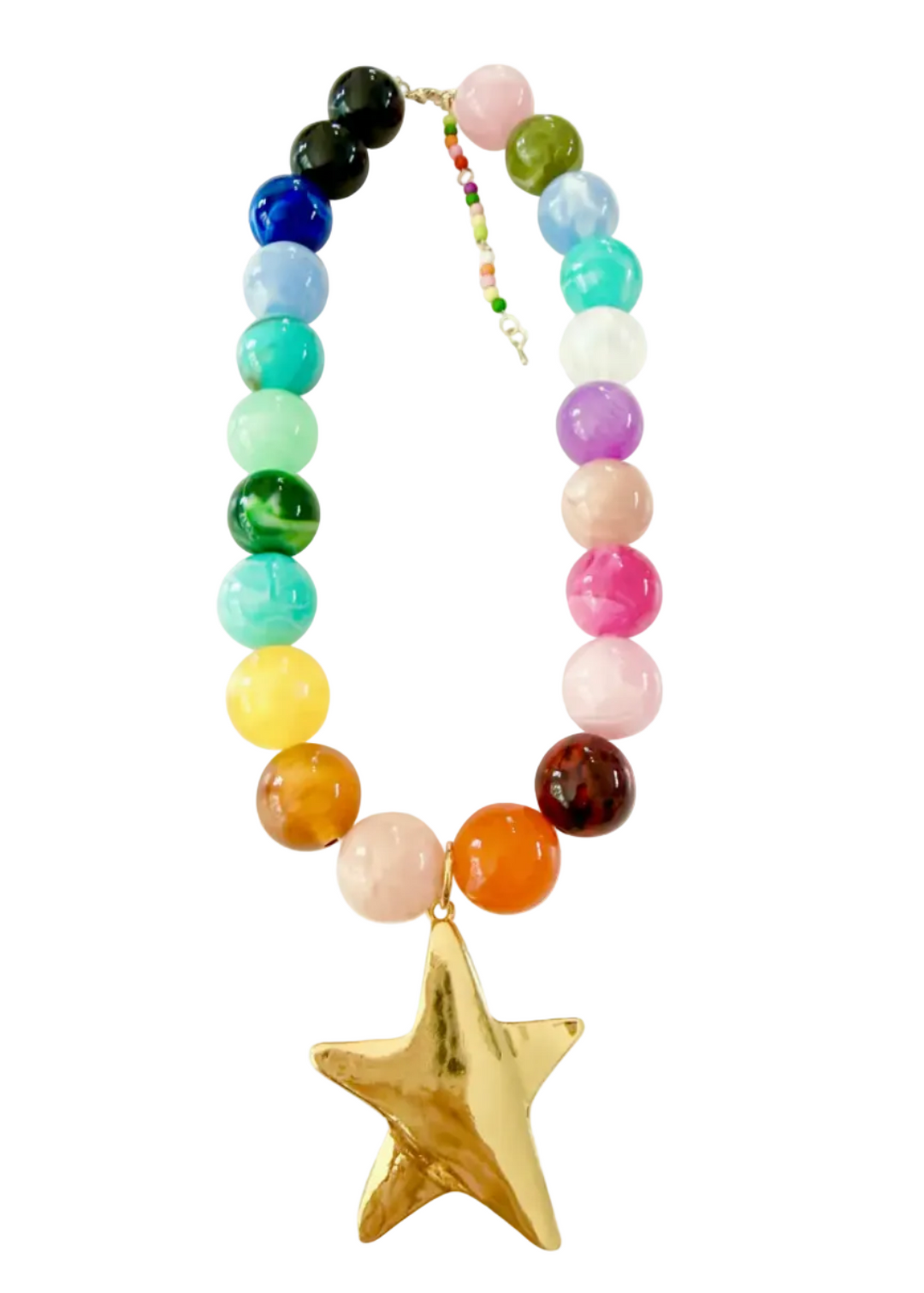 Colorful Chunky Beaded Brookie Necklace by Gemelli with 18k gold plated jumbo star charm