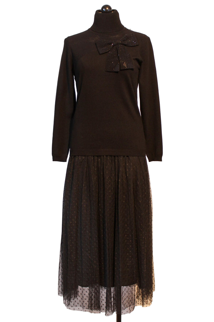 Black Polka Dot Tulle Skirt by Leo & Ugo paired with the  Black Long Sleeve Turtleneck by Leo & Ugo with the large sequined bow