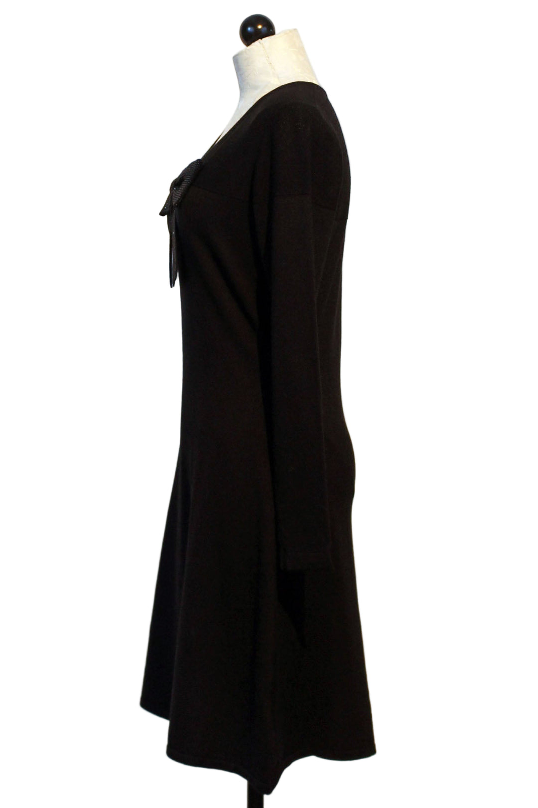side view of Black Sequined Bow Flared Dress by Leo & Ugo