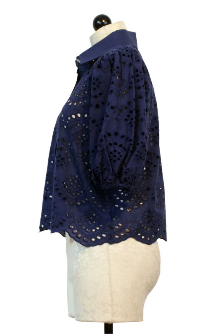 side view of Navy Babs Eyelet Top by Gretchen Scott