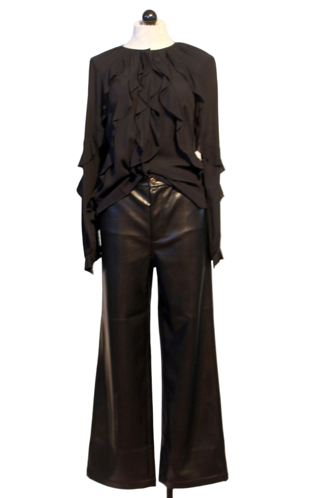 Black Ruffled The Because Of You Top by Favorite Daughter paired with Black Vegan Leather Super High Rise wide Leg Ankle Pant by Favorite Daughter