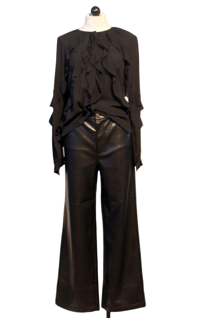 Black Ruffled The Because Of You Top by Favorite Daughter paired with Black Vegan Leather Super High Rise wide Leg Ankle Pant by Favorite Daughter