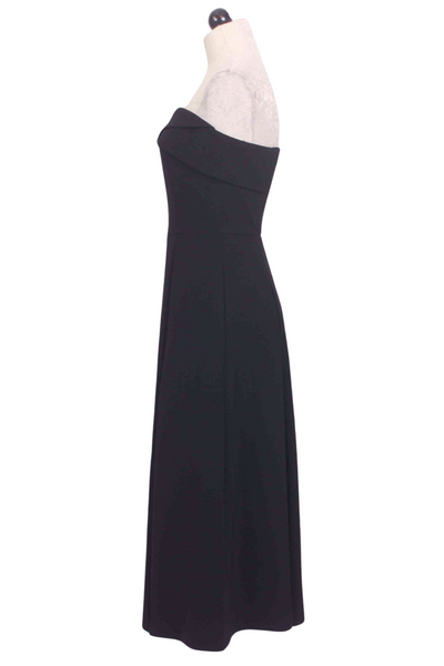 side view of Black Belle Dress by Rue Sophie is a strapless dress with a fold over neckline