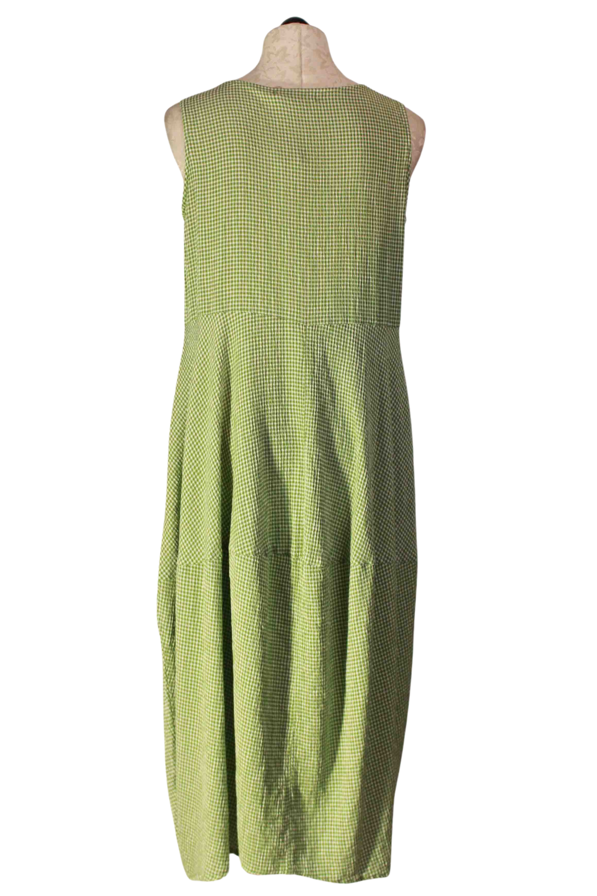 back view ofSeamed Bubble Dress by Cut Loose in a Fava Green Crinkle Check