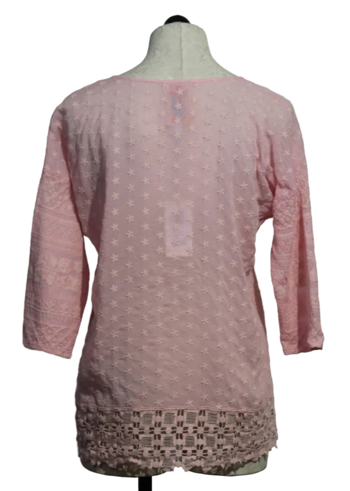 back view of Romance Rose colored Zora Stitchwork Blouse by Johnny Was