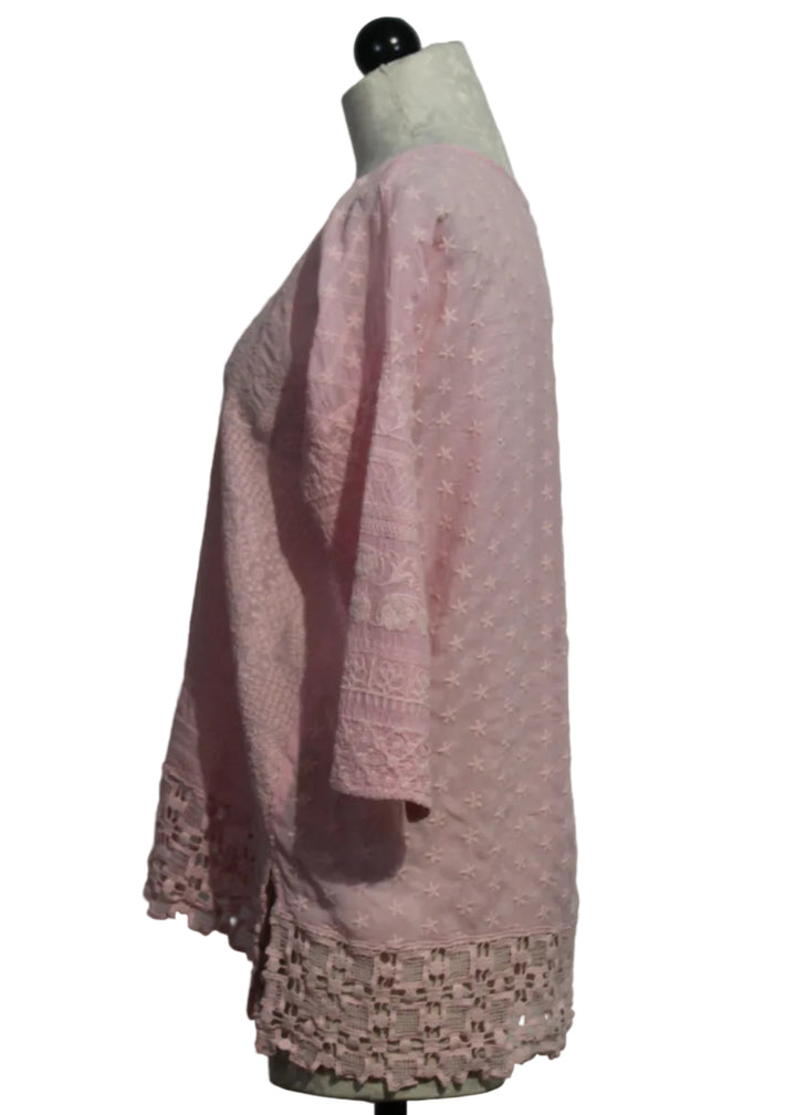 side view of Romance Rose colored Zora Stitchwork Blouse by Johnny Was