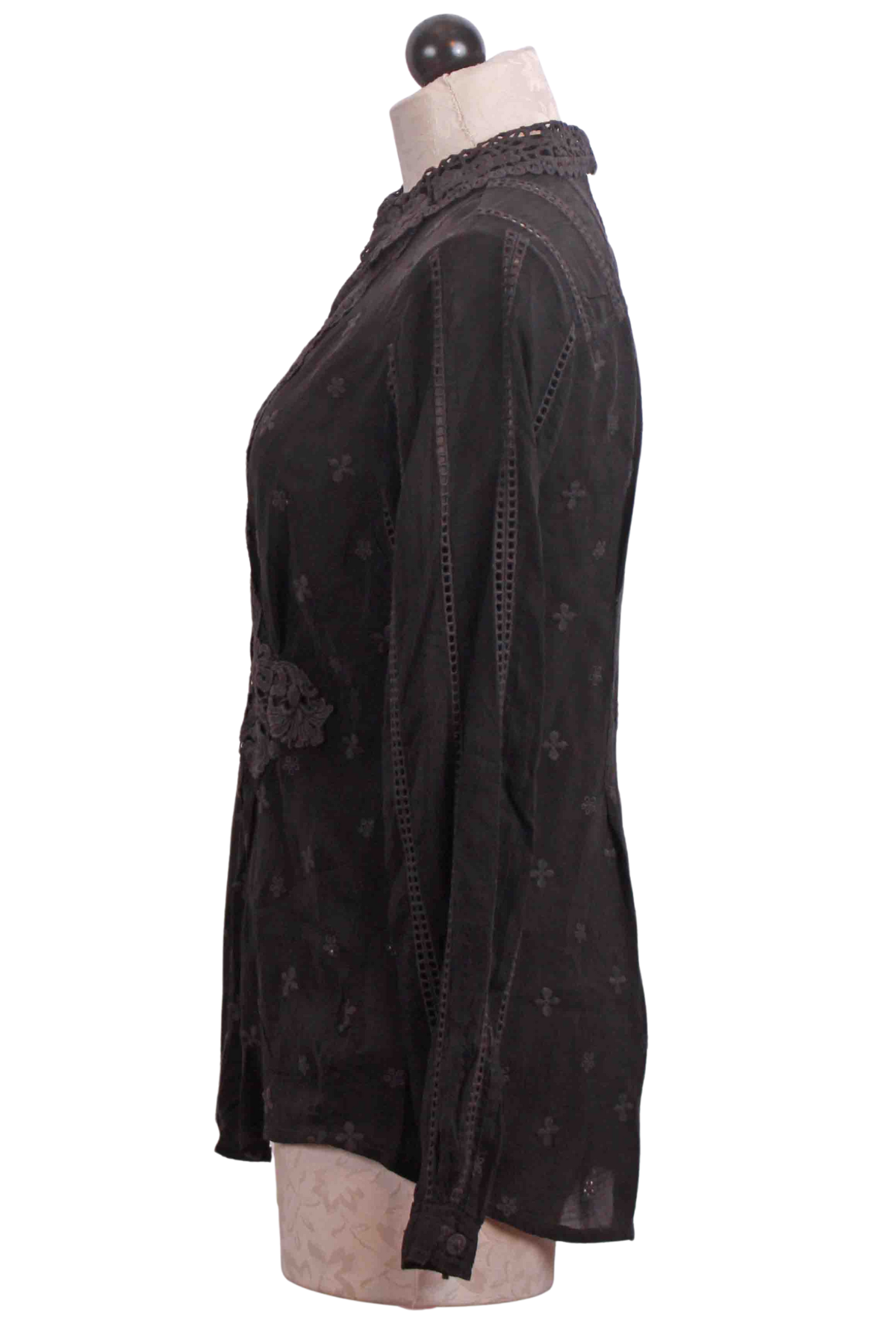 side view of Black Celia Applique Shirt by Johnny Was