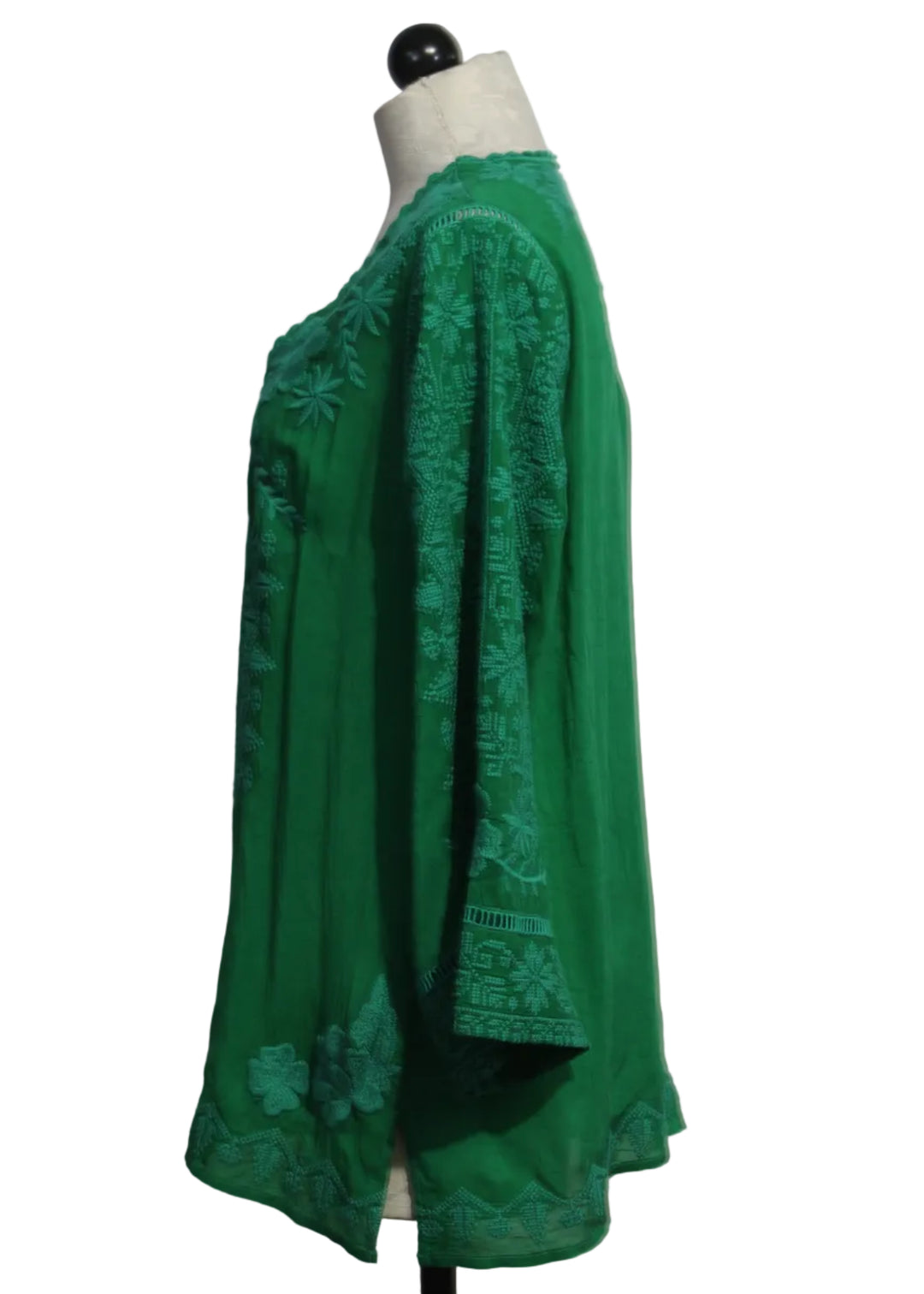 side view of Green Tamborine colored Riveda Tonal Blouse by Johnny Was