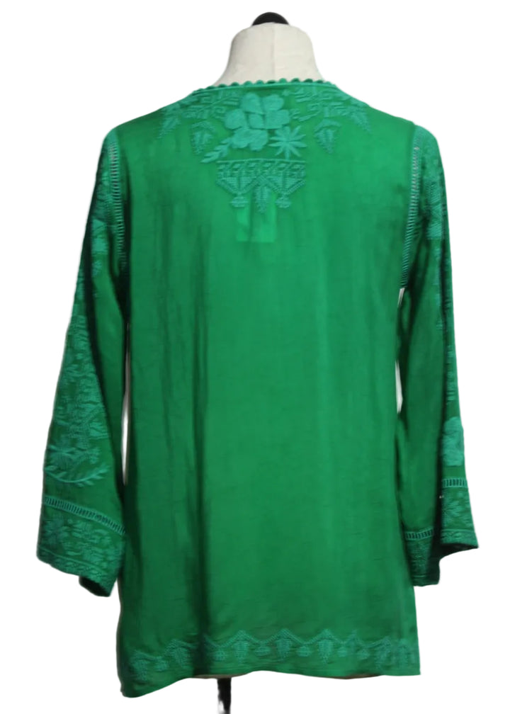 back view of Green Tamborine colored Riveda Tonal Blouse by Johnny Was