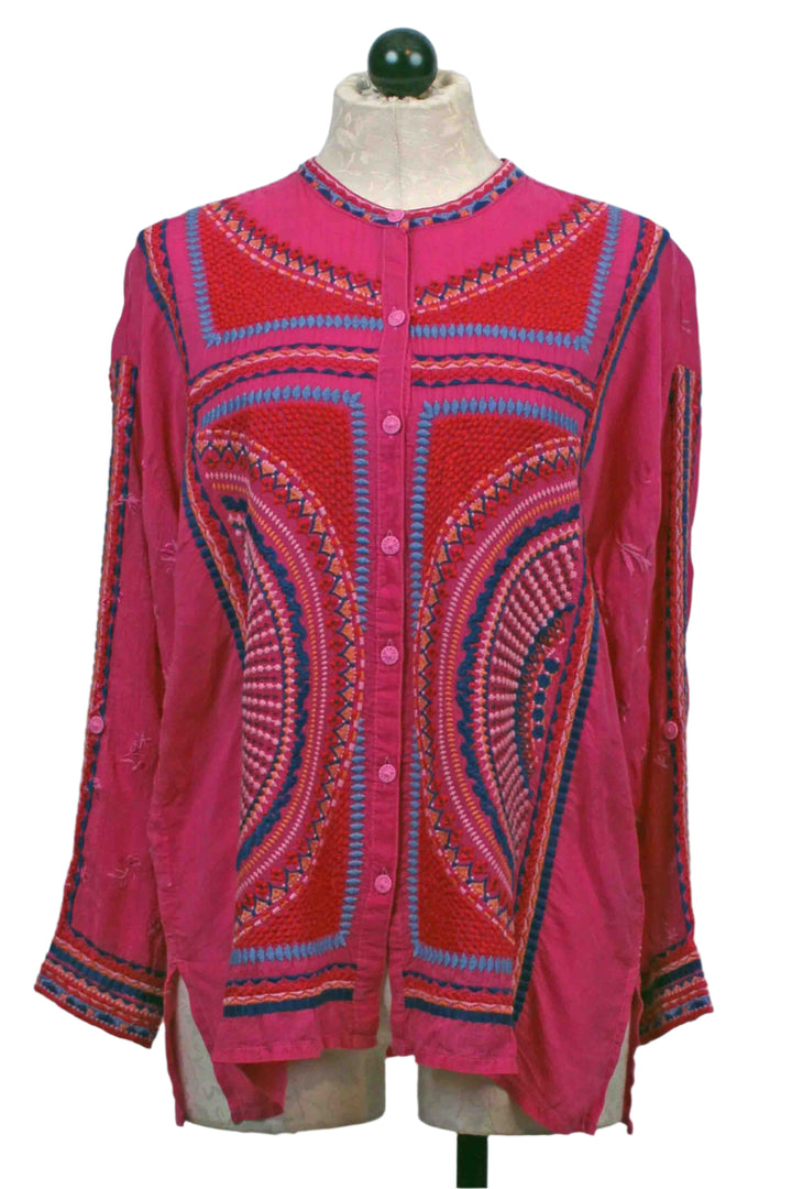 The Audrey Mandarin Collar Shirt by Johnny Was in Fuschia