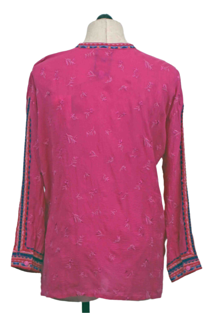 back view of The Audrey Mandarin Collar Shirt by Johnny Was in Fuschia