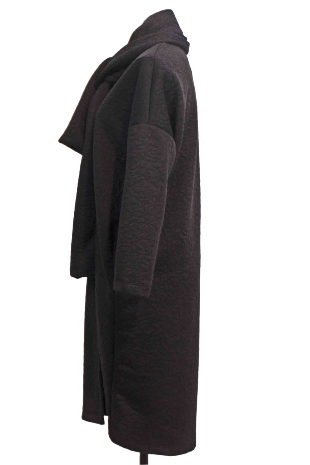 side view of Black Quilted Open Front Tie Neck Coat by Inoah