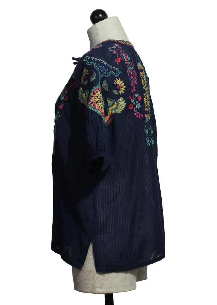 side view of Margot Short Sleeve Blouse by Johnny Was in Blue Night