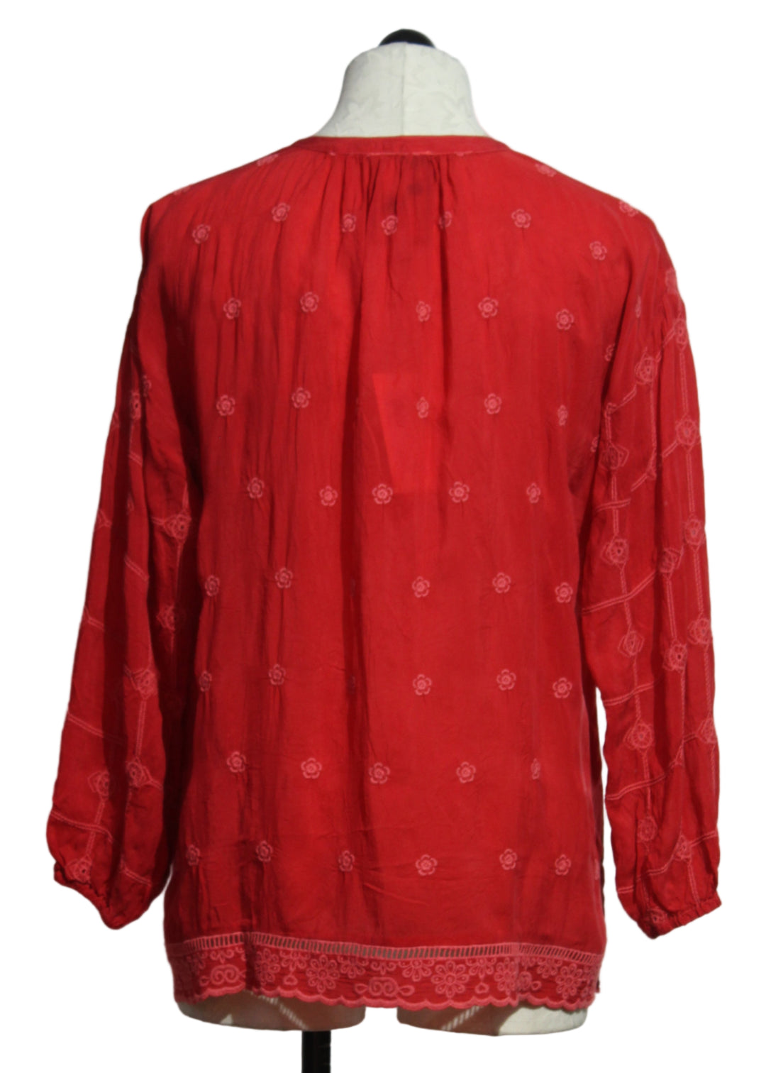back view of Equestrian Red Margot Patchwork Blouse by Johnny Was
