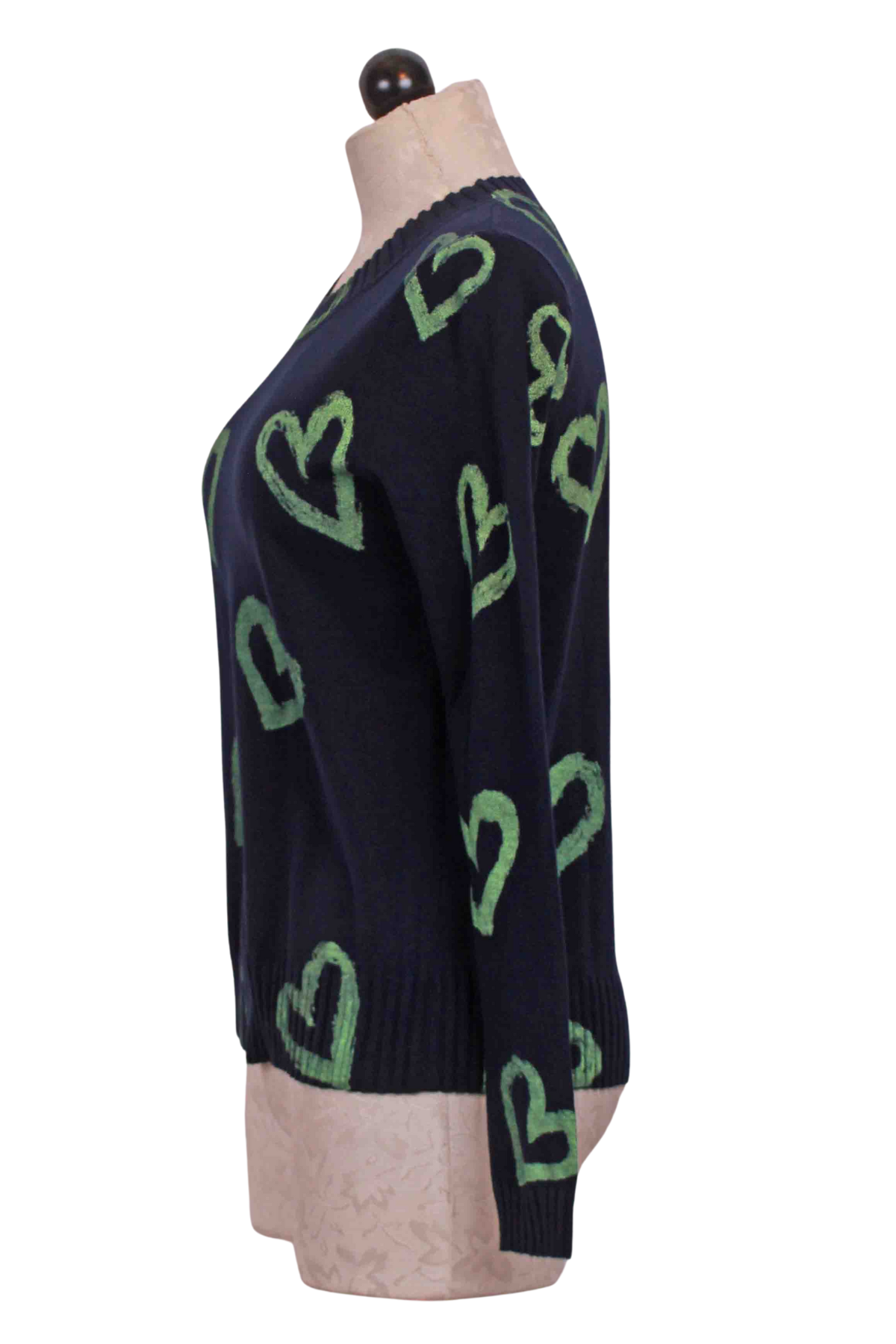 side view of Navy and green Love Zone Sweater by Lisa Todd